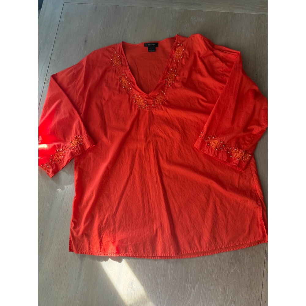Natori Orange V Neck Embroidered Beaded Tunic‎ Top Women Size M